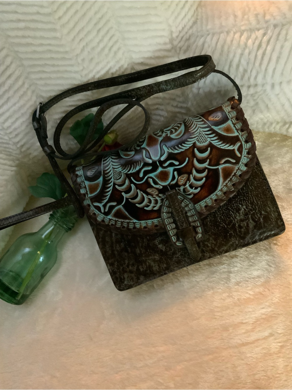 Patricia Nash Handcrafted Tooled Leather Crossbody/Bag in Brown and Turquoise - Picture 7 of 9